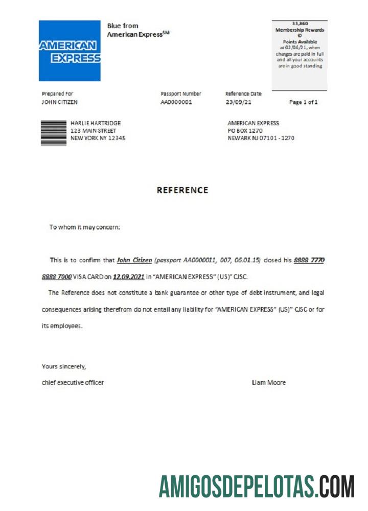 Referência de fechamento da American Express nos EUA exemplo real